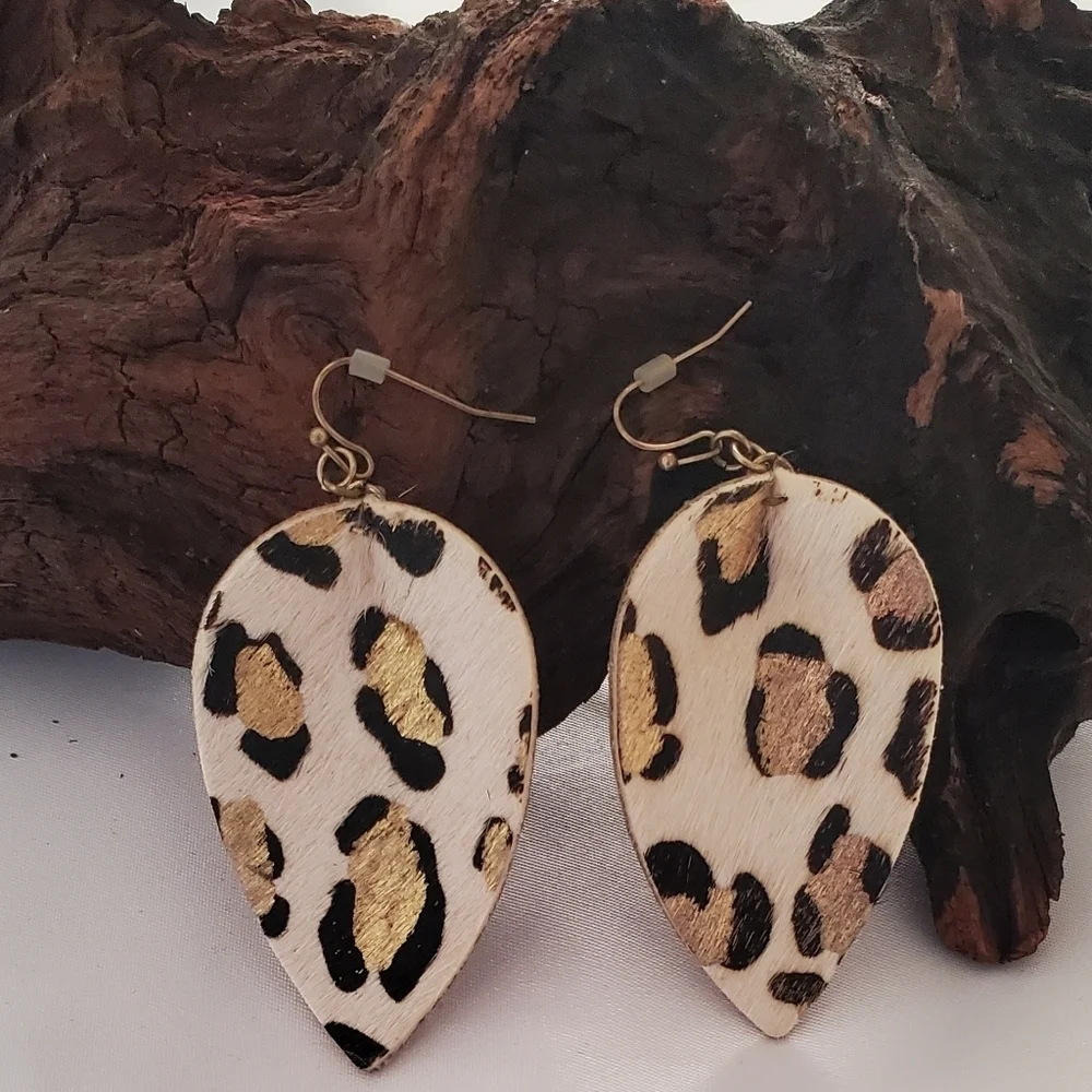 Leopard Print Faux Leather Teardrop Earrings Gold And Black Boho Lightweight